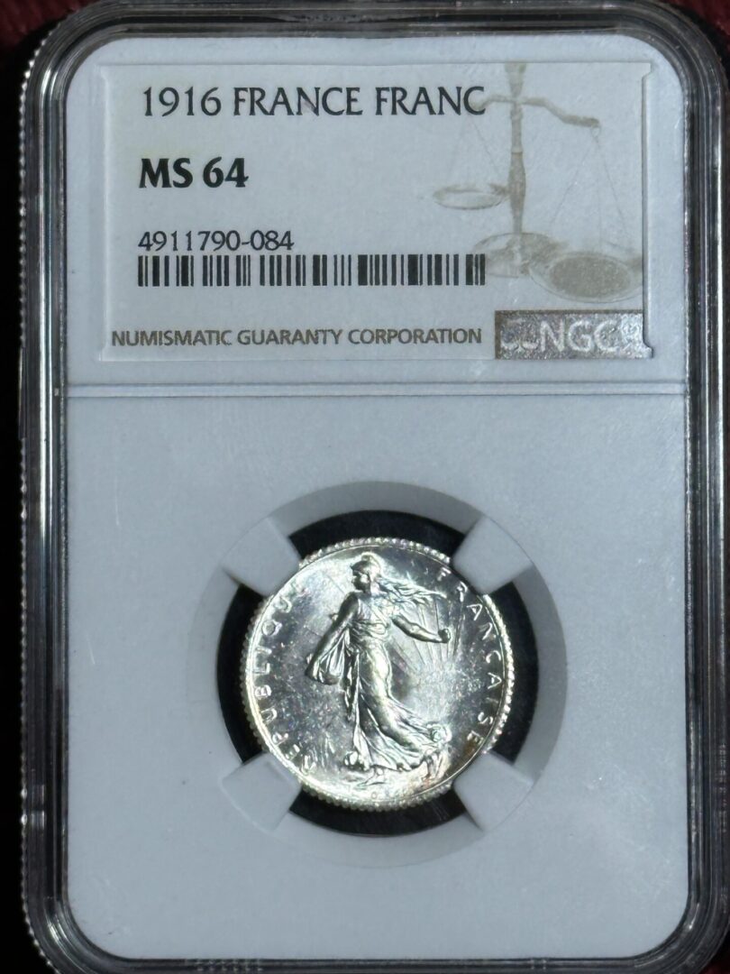 1916 French Franc coin graded MS64.