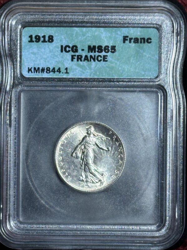 1918 French Franc coin graded MS65.