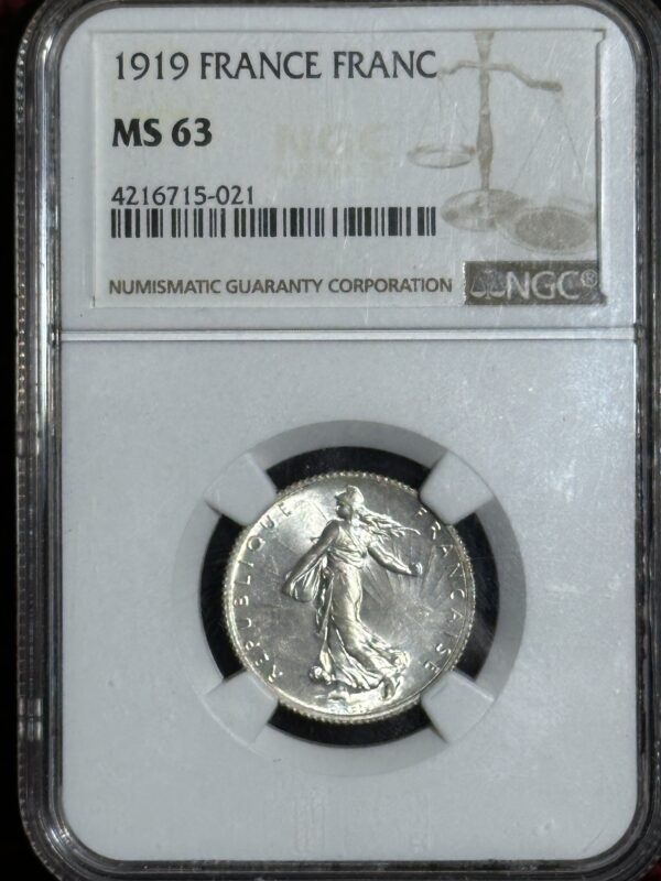 1919 French Franc coin graded MS 63.