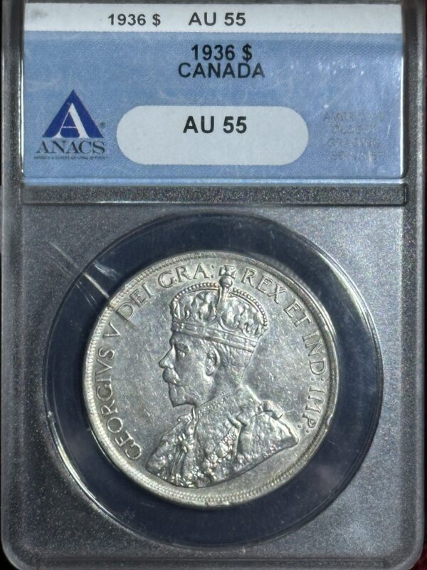 1936 Canadian dollar coin graded AU 55.