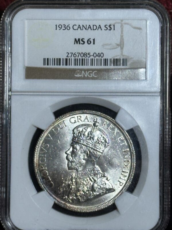 1936 Canadian silver dollar in NGC holder.