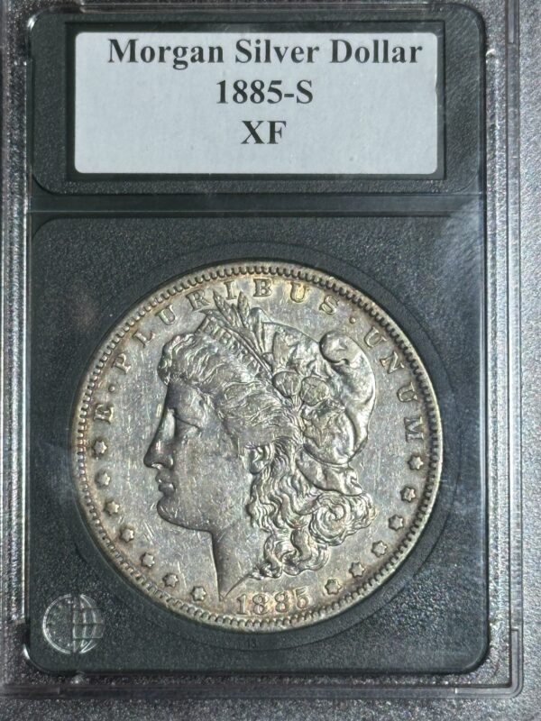 1885-S Morgan Dollar XF45 coin with "xf" condition rating, encased for preservation, featuring the liberty head design.