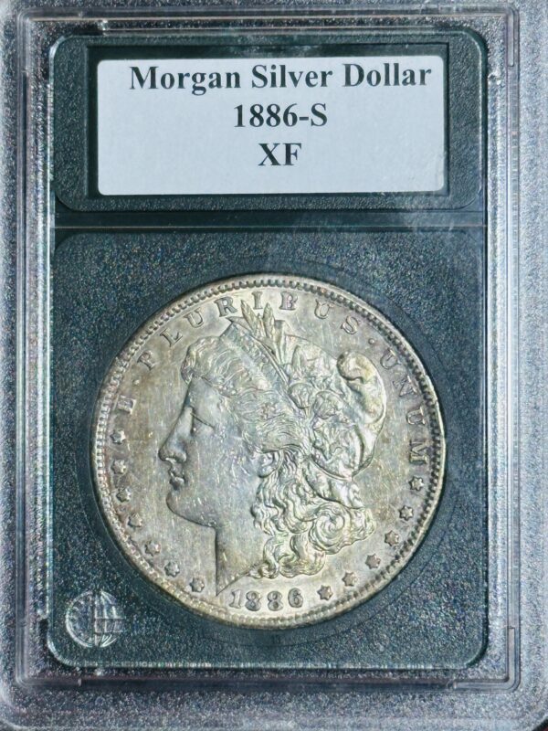 1886-S Morgan Dollar XF45 coin in a transparent secure case, displayed with label at top.