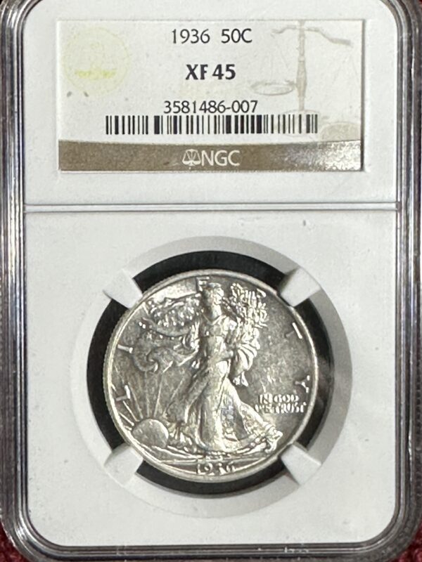 1936 Walker Half Dollar NGC XF45 featuring a walking liberty design, enclosed in a protective case.