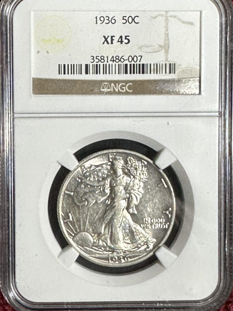 1936 Walker Half Dollar NGC XF45 featuring a walking liberty design, enclosed in a protective case.