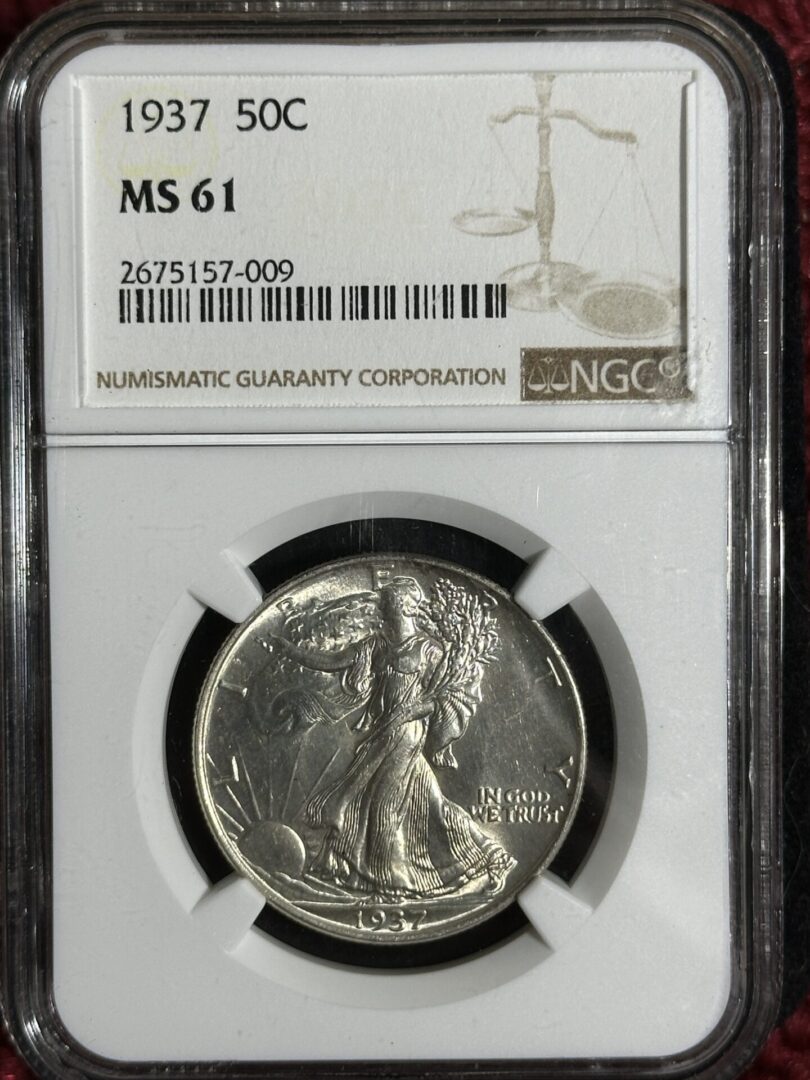 1937 Walker Half Dollar NGC MS61 graded by NGC, featuring walking liberty design, encapsulated in a protective holder with a barcode and certification information.