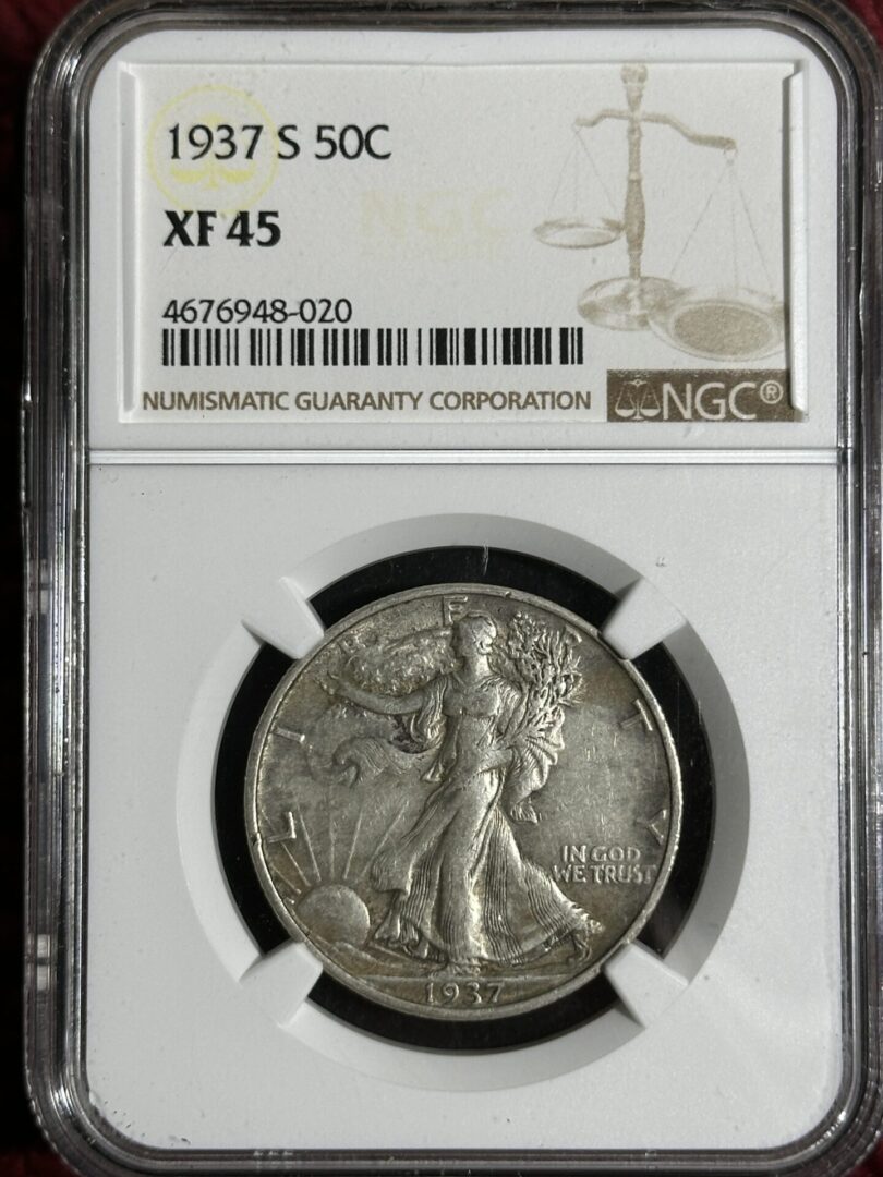 1937-S Walker Half Dollar NGC XF45 graded by NGC, featuring Liberty Walking and "In God We Trust", encased for preservation with barcode and certification details.