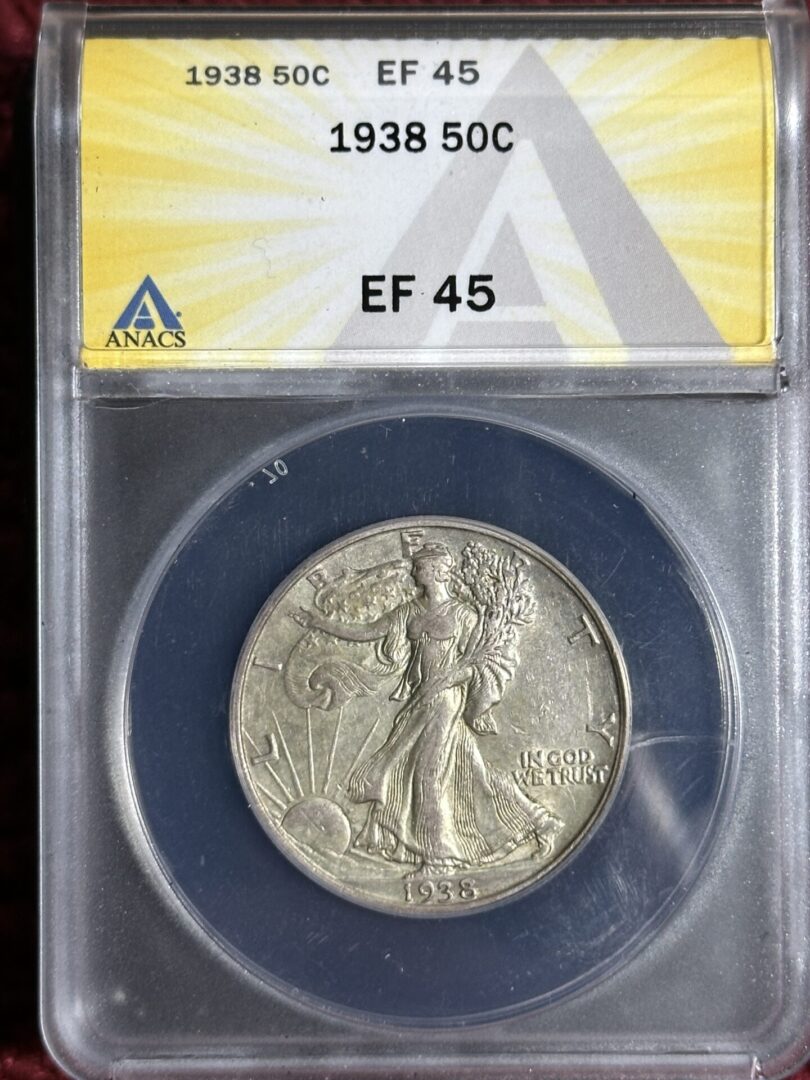 1938 Walker Half Dollar ANACS XF45 coin featuring liberty walking, graded ef 45 by anacs, displayed in a protective case.