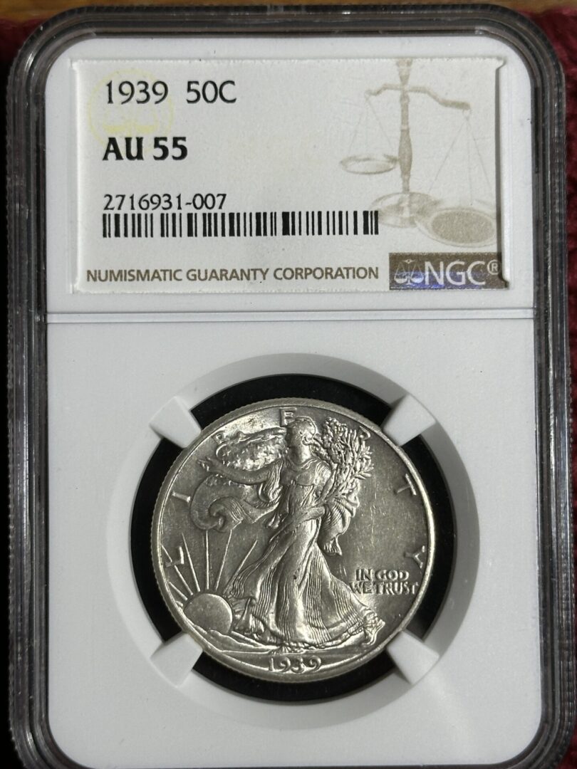 1939 Walker Half Dollar NGC AU55 coin, featuring walking liberty design, encapsulated in a protective holder.