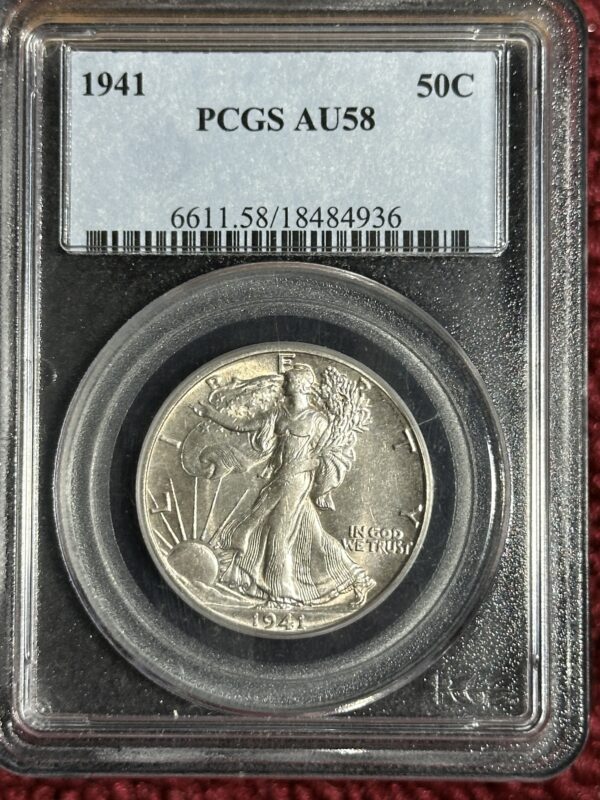 A 1941 Walker Half Dollar PCGS AU58 coin, featuring the walking liberty design, encased in a protective slab.