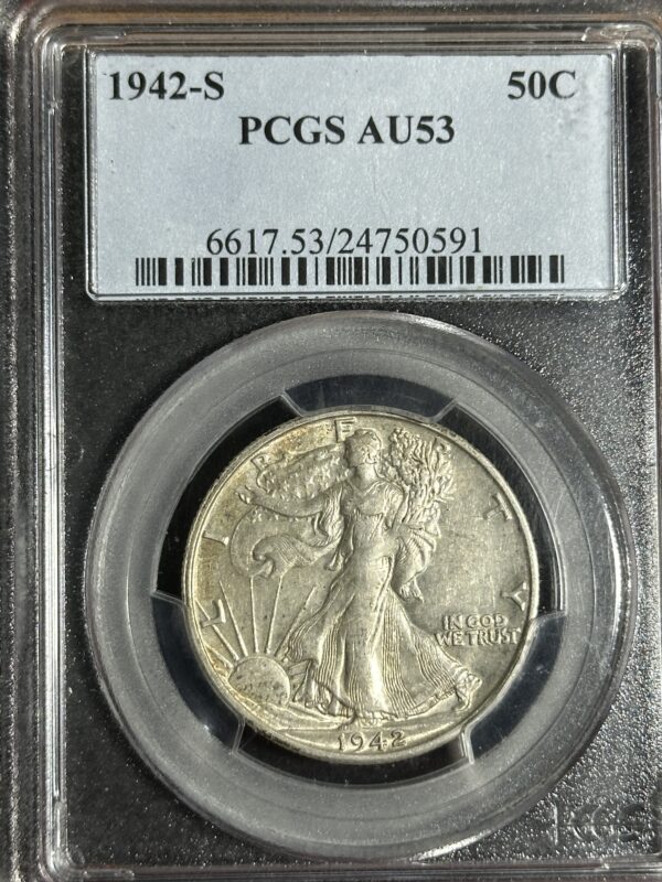 1942-S Walker Half Dollar PCGS AU53 coin enclosed in a labeled protective case.