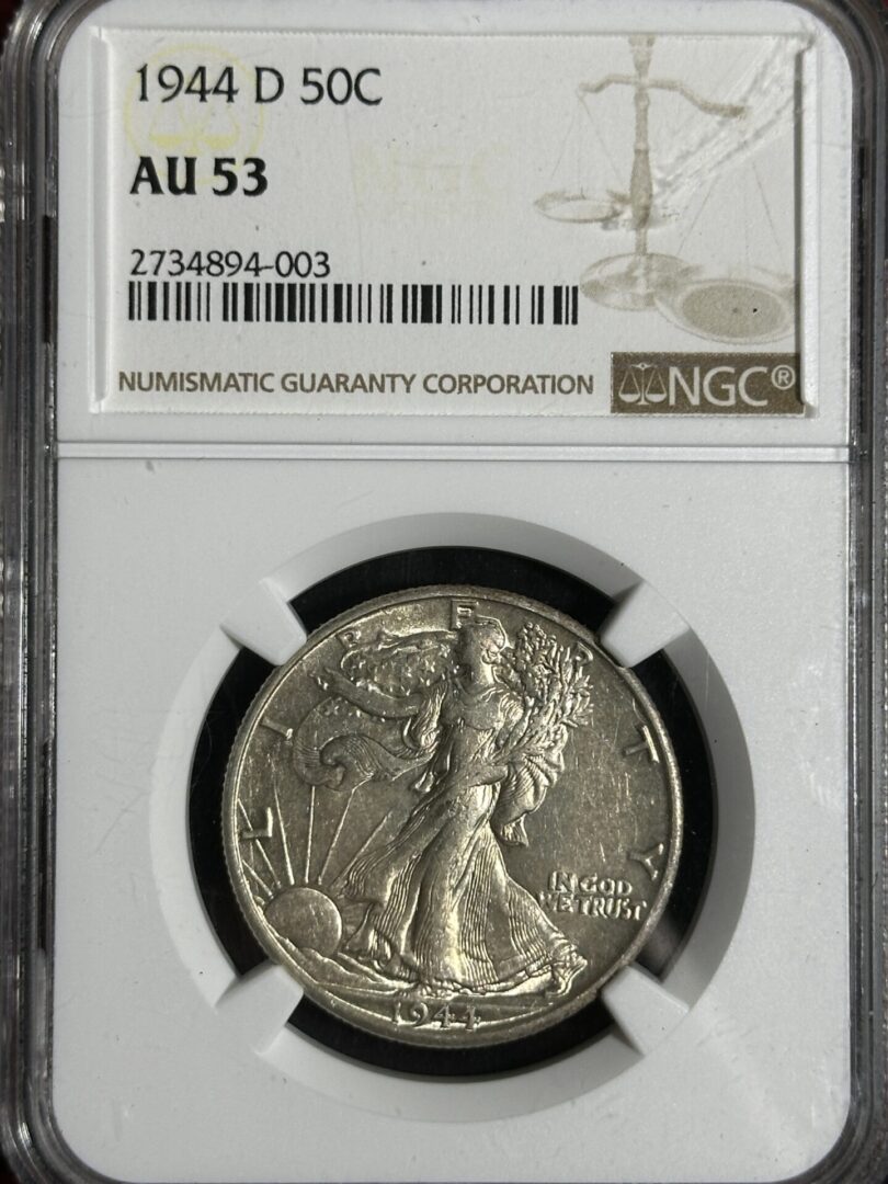 1944-D Walker Half Dollar NGC AU53 coin encapsulated in a labeled holder.