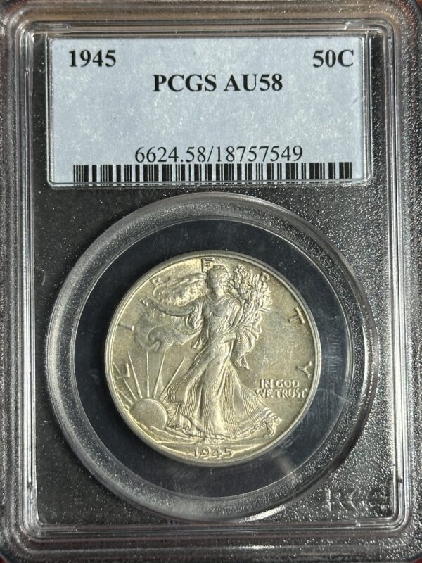 1945 Walker Half Dollar PCGS AU58 graded by pcgs, featuring the walking liberty design, encased and labeled with identification numbers.