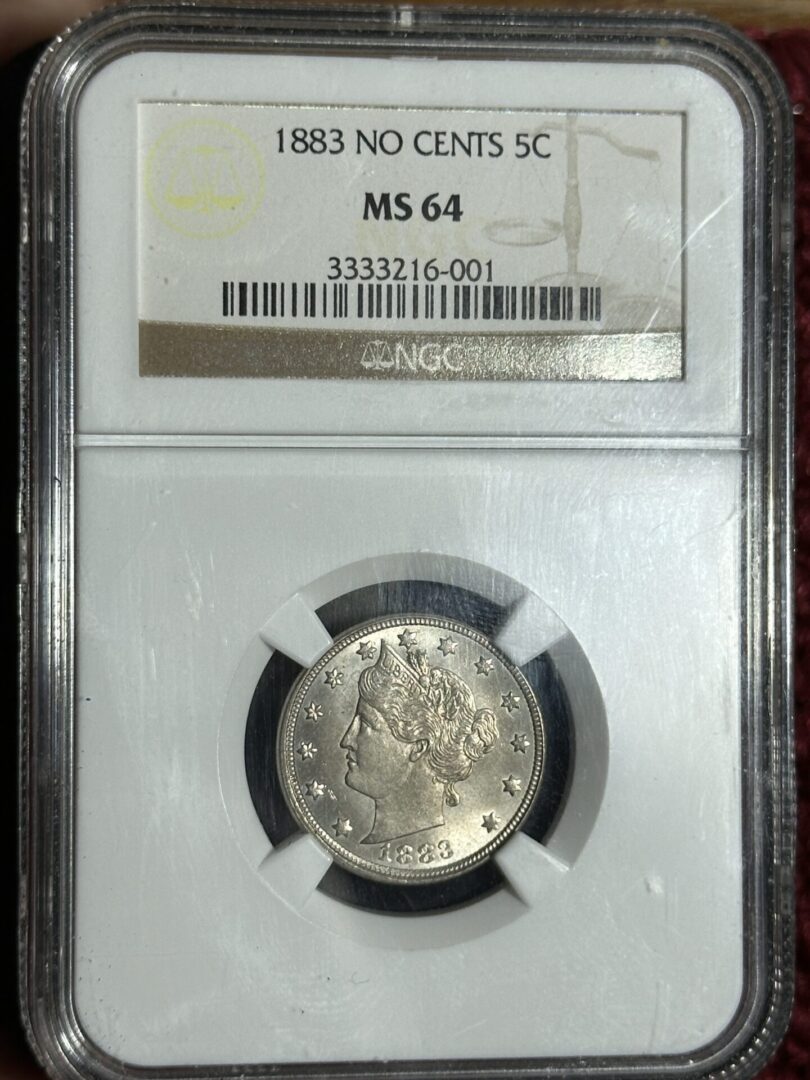 A 1883 Liberty Nickel no cents NGC MS64 graded by ngc, encapsulated in a transparent protective case.