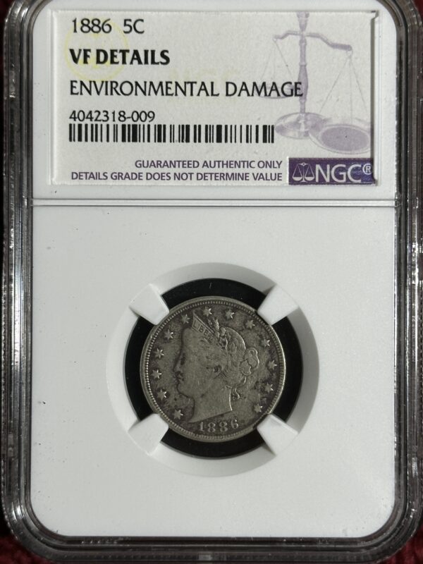 A 1886 Liberty Nickel NGC VF details graded vf (very fine) by anacs, labeled as having environmental damage, encased in a protective holder with grading details.