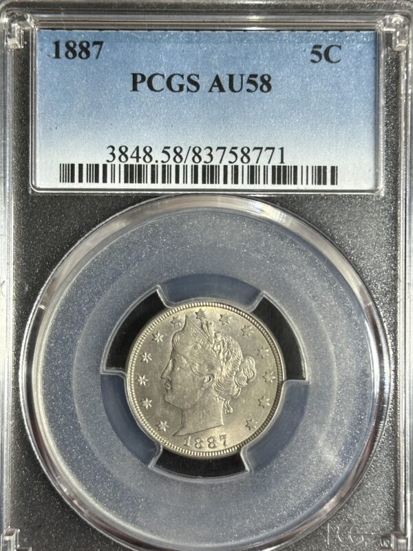 1887 Liberty Nickel PCGS AU58 coin in a sealed transparent casing, displayed with clarity and grading label visible.