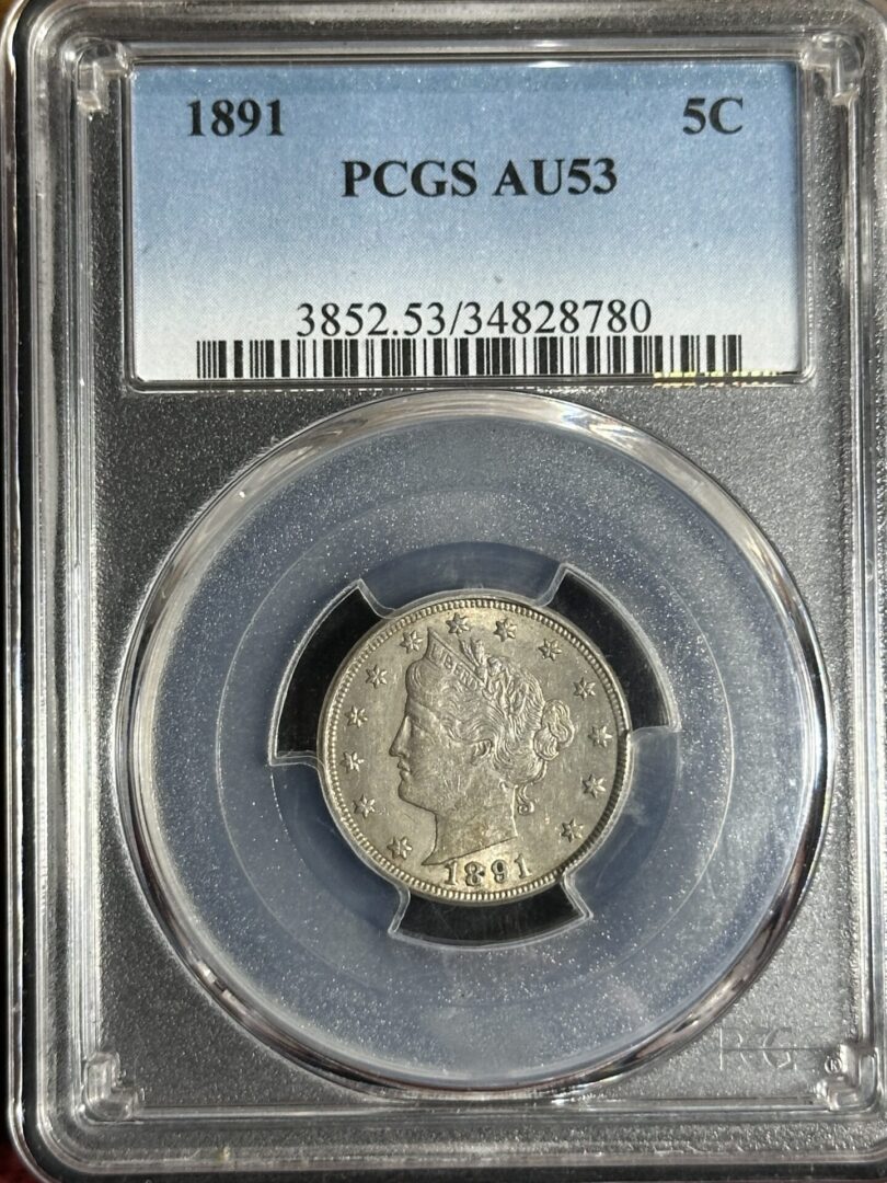 An 1891 Liberty Nickel PCGS AU53 graded u.s. 5-cent coin, encased in a clear protective holder with label displaying grading details.