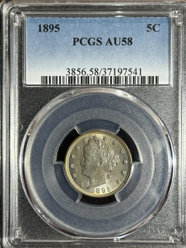 An 1895 Liberty Nickel PCGS AU58 graded au58 by pcgs, encased in a protective plastic holder with a certification label at the top.