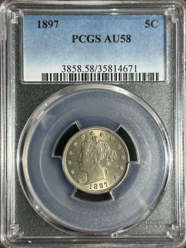 1897 Liberty Nickel PCGS AU58 graded by PCGS, encased in a clear protective holder with certification labels.