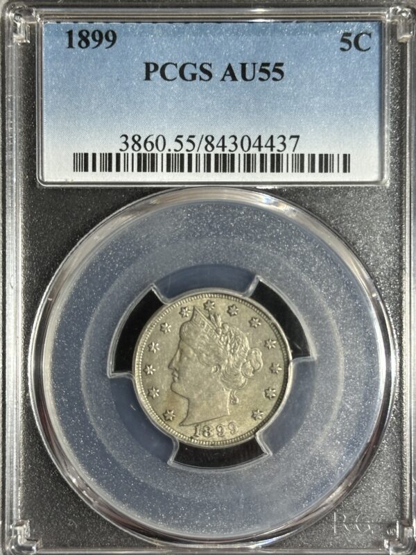 1899 Liberty Nickel PCGS AU55 graded by PCGS, encased in a transparent holder with certification details visible.