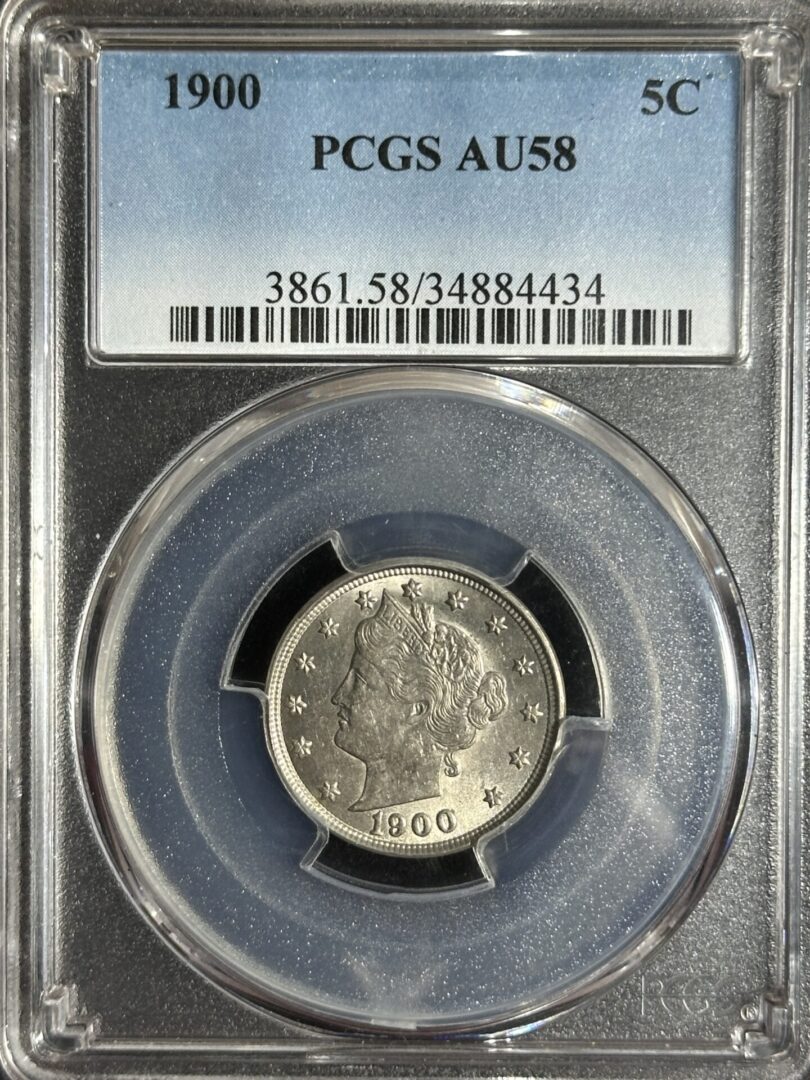 A 1900 Liberty Nickel PCGS AU58 graded by PCGS in a protective case, displaying the coin's obverse with visible stars and date.