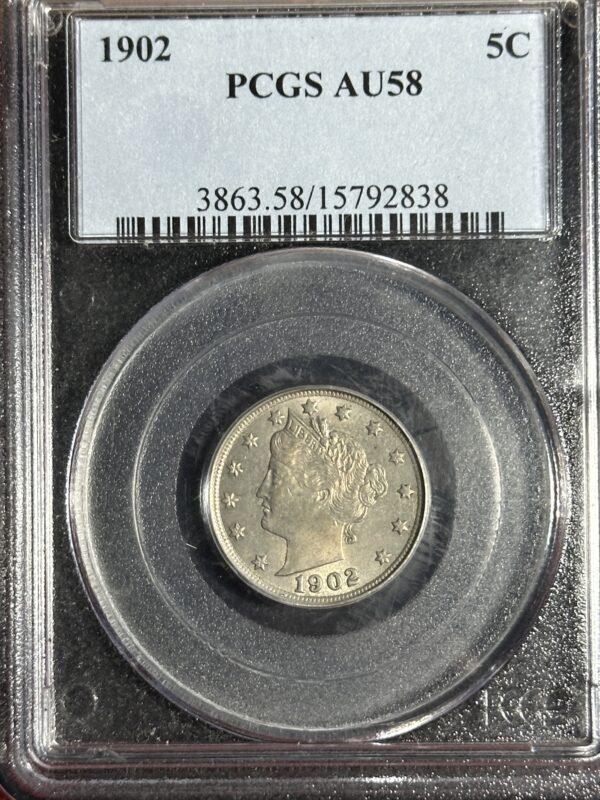 A 1902 Liberty Nickel PCGS AU58 coin in a pcgs au58 grading case, displayed with coin grading details visible above.