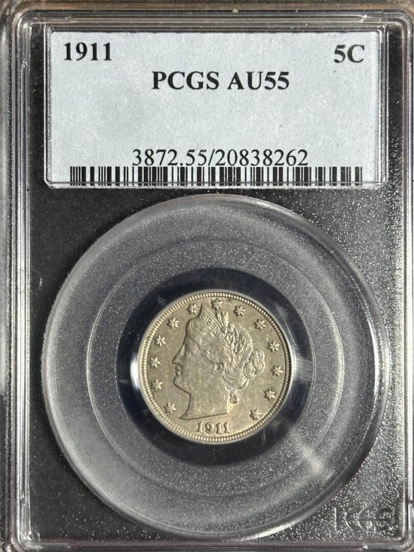 1911 Liberty Nickel PCGS AU55 graded by pcgs, encased in a protective slab with grading information displayed at the top.