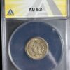 An 1863 Indian Head Cent ANACS AU53, displayed in a protective case against a yellow and blue background.