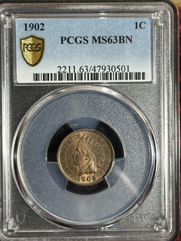 A 1902 Indian Head Cent PCGS MS63 BN in a pcgs ms63bn grading case, labeled with certification details.