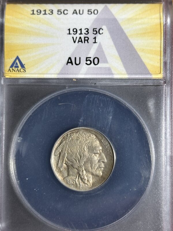 A 1913 Buffalo Nickel type I ANACS AU50 with a portrait facing left, encased in a plastic holder against a striped background.