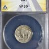 A 1913-S Buffalo Nickel Type 1 ANACS VF30, is displayed in a clear protective case with a label indicating its details.