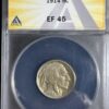 A 1914 Buffalo Nickel ANACS XF45 featuring a profile of a native american, displayed in a sealed clear holder with a labeled card.