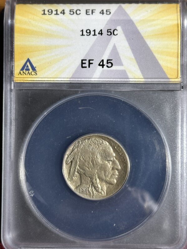 A 1914 Buffalo Nickel ANACS XF45 featuring a profile of a native american, displayed in a sealed clear holder with a labeled card.