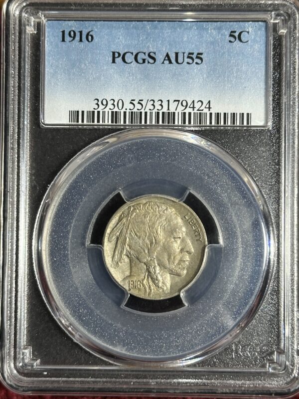 1916 Buffalo Nickel PCGS AU55 featuring a profile of a native american, encased in a secure holder with a certification label at the top.