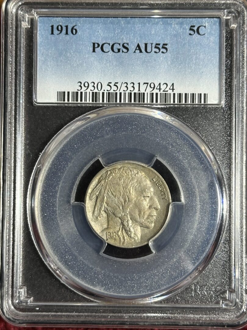 1916 Buffalo Nickel PCGS AU55 featuring a profile of a native american, encased in a secure holder with a certification label at the top.