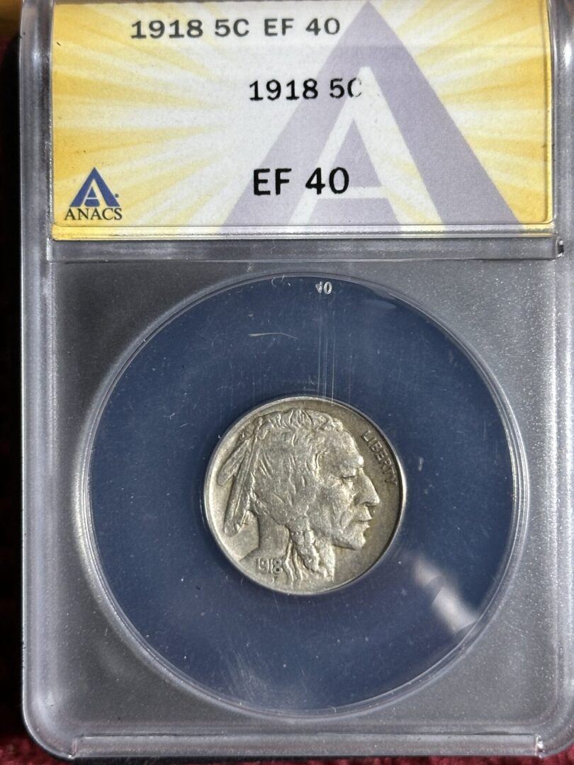 A 1918 Buffalo Nickel ANACS XF40 graded by anacs, encased in a protective holder with a label detailing the grading information.