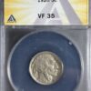 1920 Buffalo Nickel ANACS VF35 featuring a native american profile, encased in a labeled blue and clear protective holder.