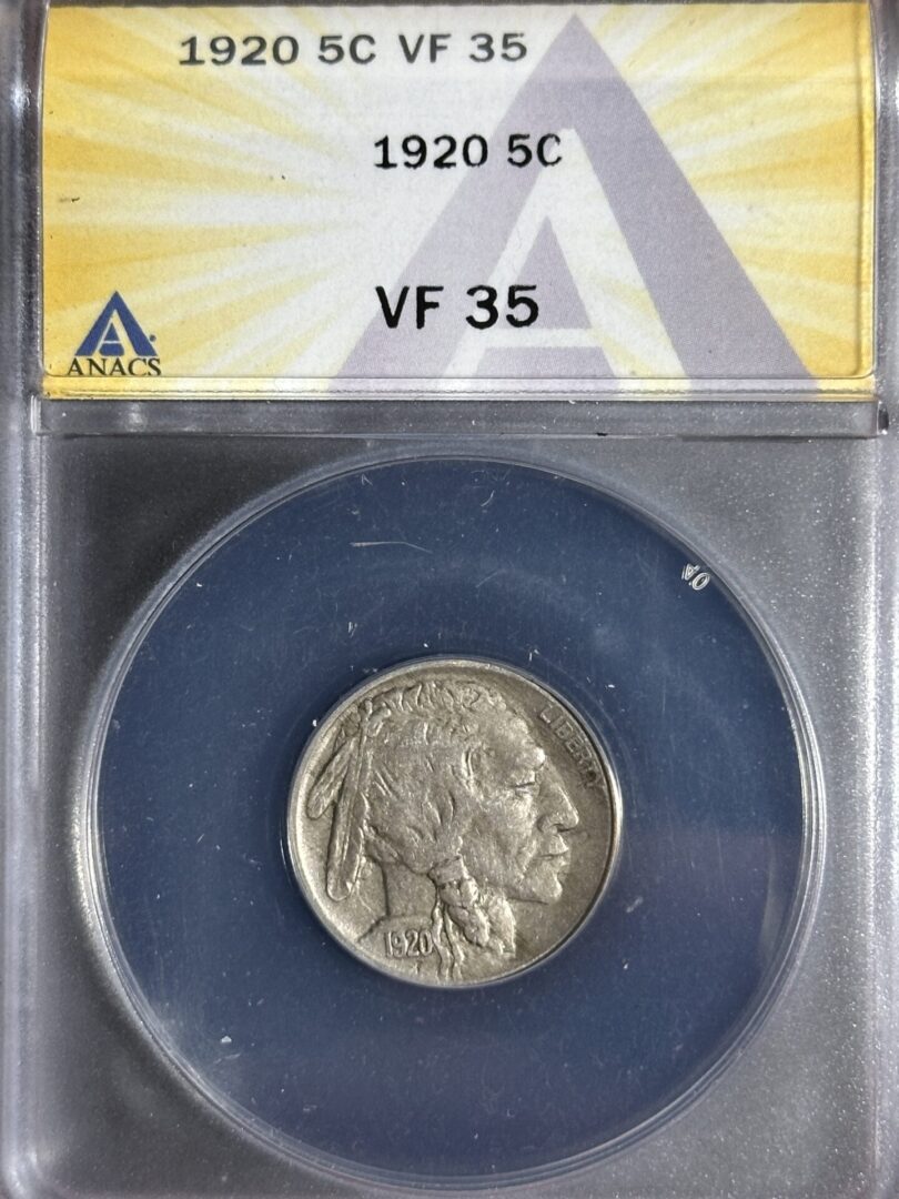 1920 Buffalo Nickel ANACS VF35 featuring a native american profile, encased in a labeled blue and clear protective holder.