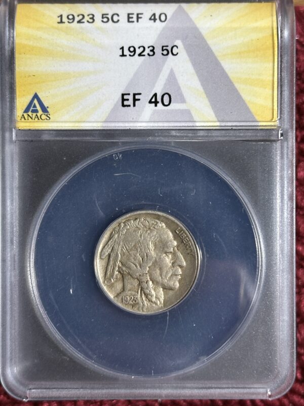 1923 Buffalo Nickel ANCS XF40 graded by ANACS, encased in a labeled protective holder against a red background.