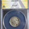 1923-S Buffalo Nickel ANACS F12 displayed in a blue holder with label, set against a light blue and yellow background.