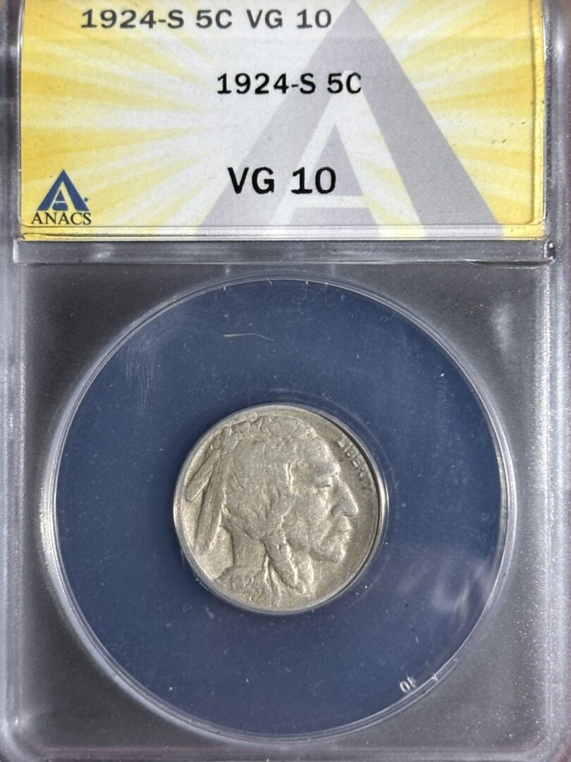 1924-S Buffalo Nickel ANACS VG10 rated vg 10 by anacs, displayed in a clear protective case with a blue and yellow labeled card.