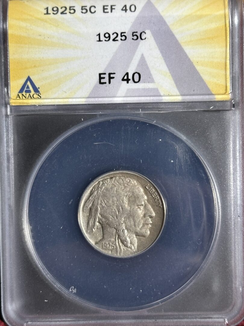 1925 Buffalo Nickel ANACS EF40 displayed in a blue and transparent protective case with certification label.