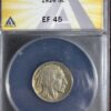 A 1926 Buffalo Nickel ANACS EF45 with a native american head profile, encased in a protective holder marked "1926 5c".