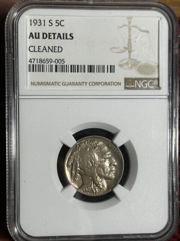 A 1931-S Buffalo Nickel NGC AU details coin encapsulated in a Numismatic Guaranty Corporation holder displaying its condition and identification code.