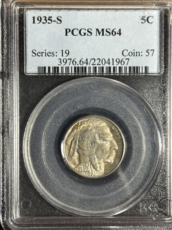 1935-S Buffalo Nickel PCGS MS64 displayed in a sealed holder with certification and series details visible.