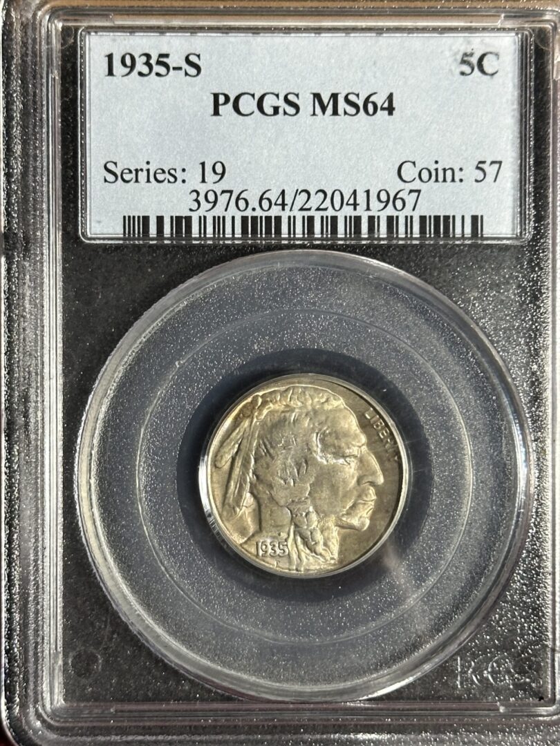 1935-S Buffalo Nickel PCGS MS64 displayed in a sealed holder with certification and series details visible.