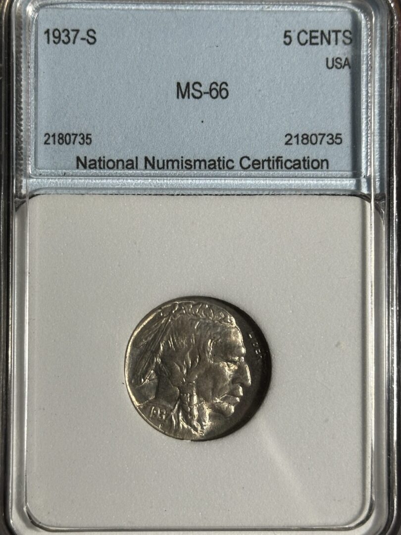 1937-S Buffalo Nickel NNC MS66 graded by National Numismatic Certification, enclosed in a labeled protective case.