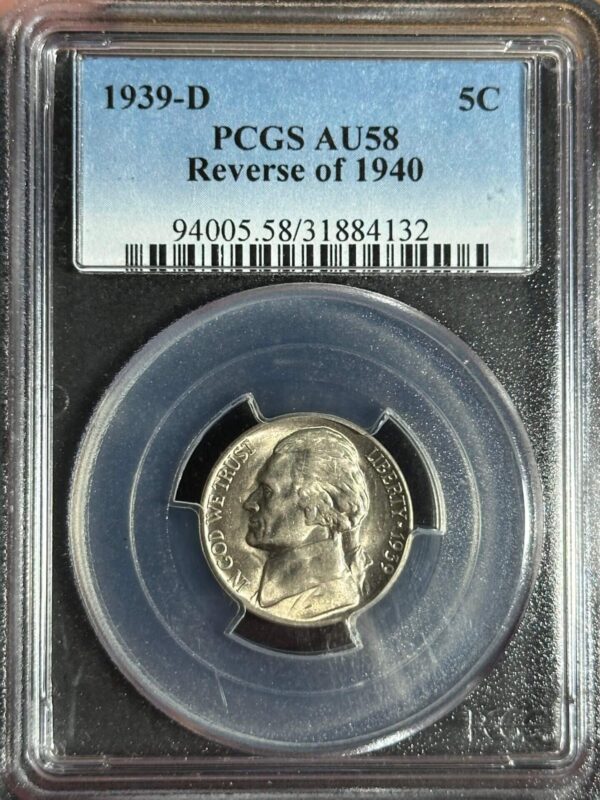 A 1939-d Jefferson Nickel reverse 1940 in a PCGS AU58 grade case, displayed with clear numerical identifiers.