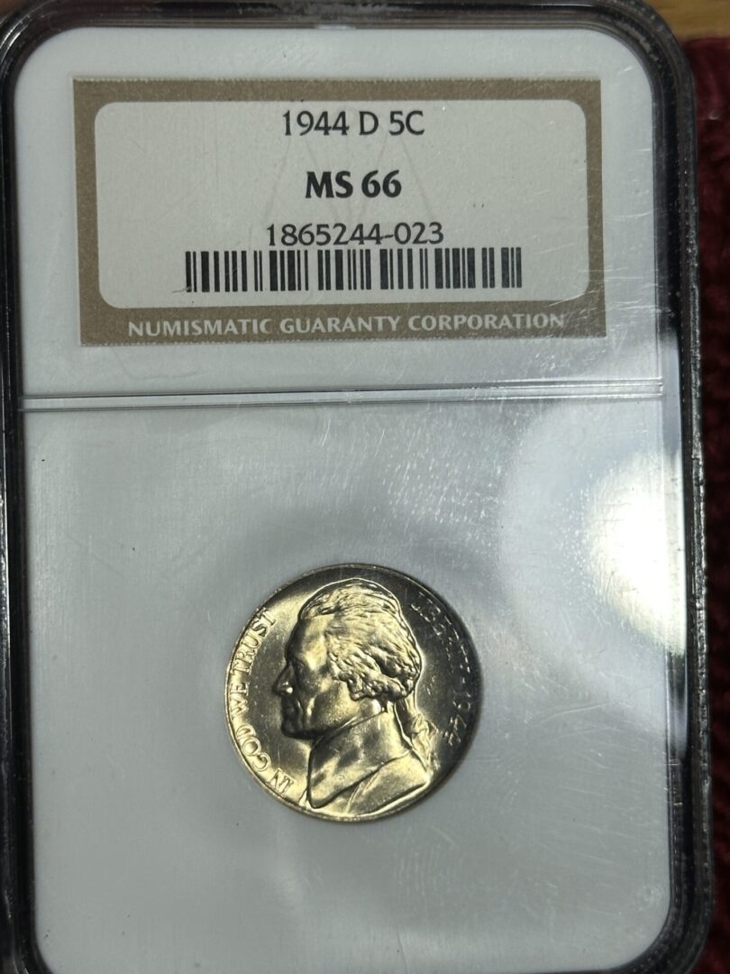 A 1944-D Jefferson Nickel NGC MS66 in a Numismatic Guaranty Corporation holder, displaying information label above the coin.