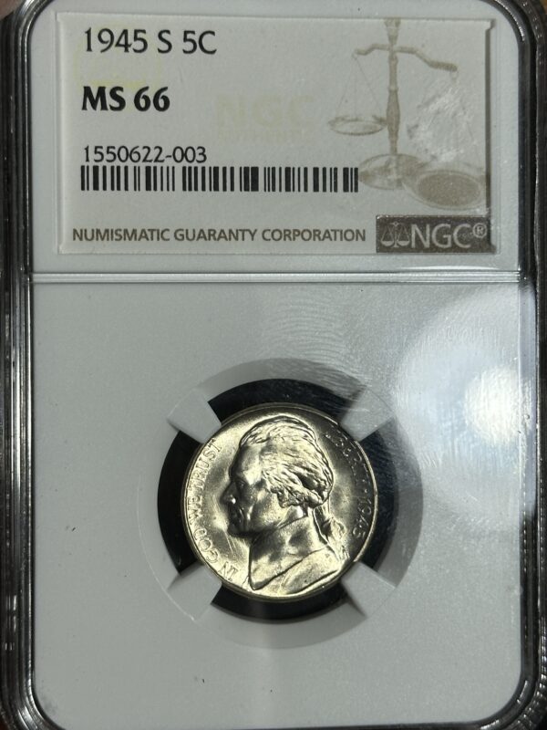 A 1945-S Jefferson Nickel NGC MS66, displayed in a secure holder with a barcode and certification details.